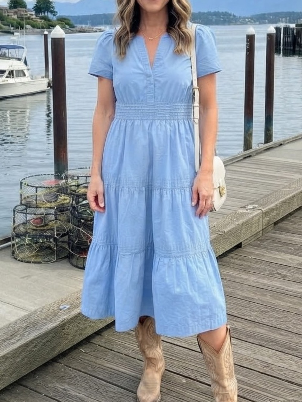 Quince Light Blue Organic Cotton Smocked Tiered Midi Dress Size M Coastal Modest